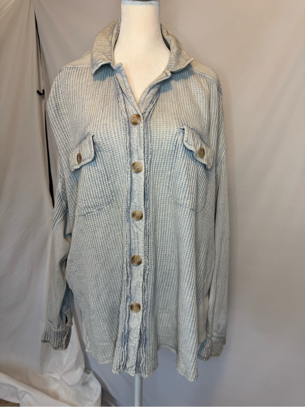 FP One Light Washed Blue Waffle Button-Down Thermal Shirt